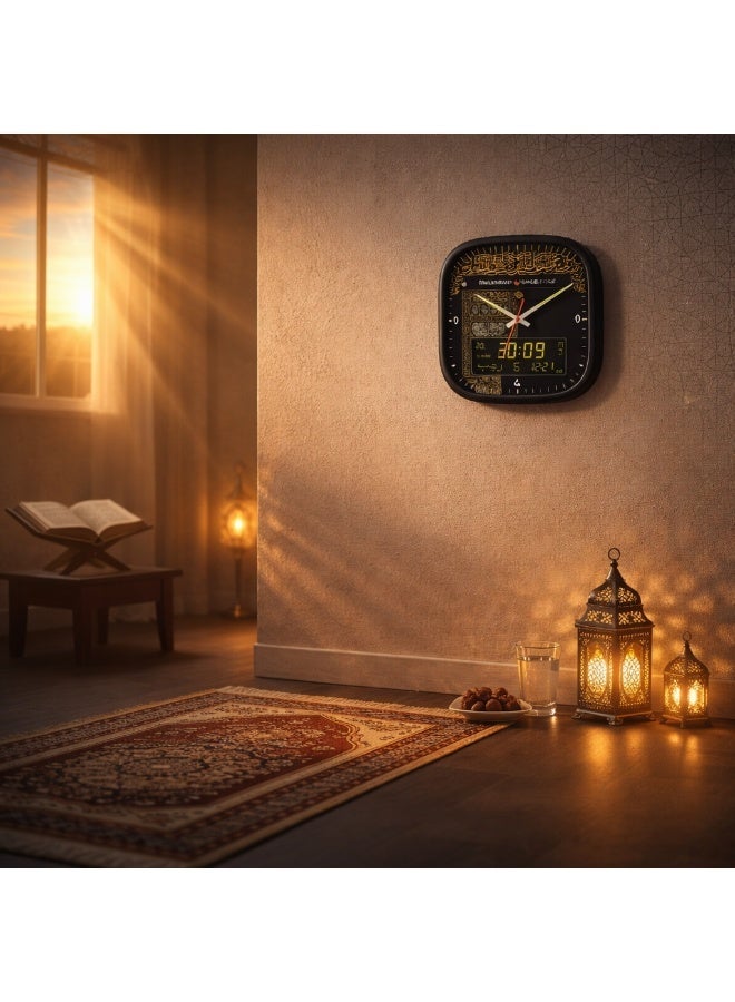 الحرمين ساعة الحرمين الإسلامية للصلاة بشاشة مزدوجة تناظرية ورقمية مع الأذان ودرجة الحرارة والقبلة والتقويم الهجري والميلادي مقاس 33x33 سم هدية مثالية للمسلمين وتصميم الكعبة بإصدار محدود HA-7055A - Image 4